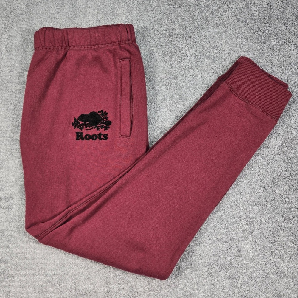 Roots Sweatpants Mens Medium Burgundy Excellent Fleece Joggers Logo Tapered